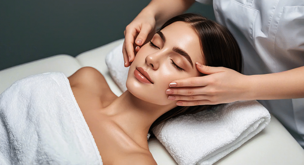 Close-up of a spa therapist performing a synchronized facial and neck massage on a relaxed client