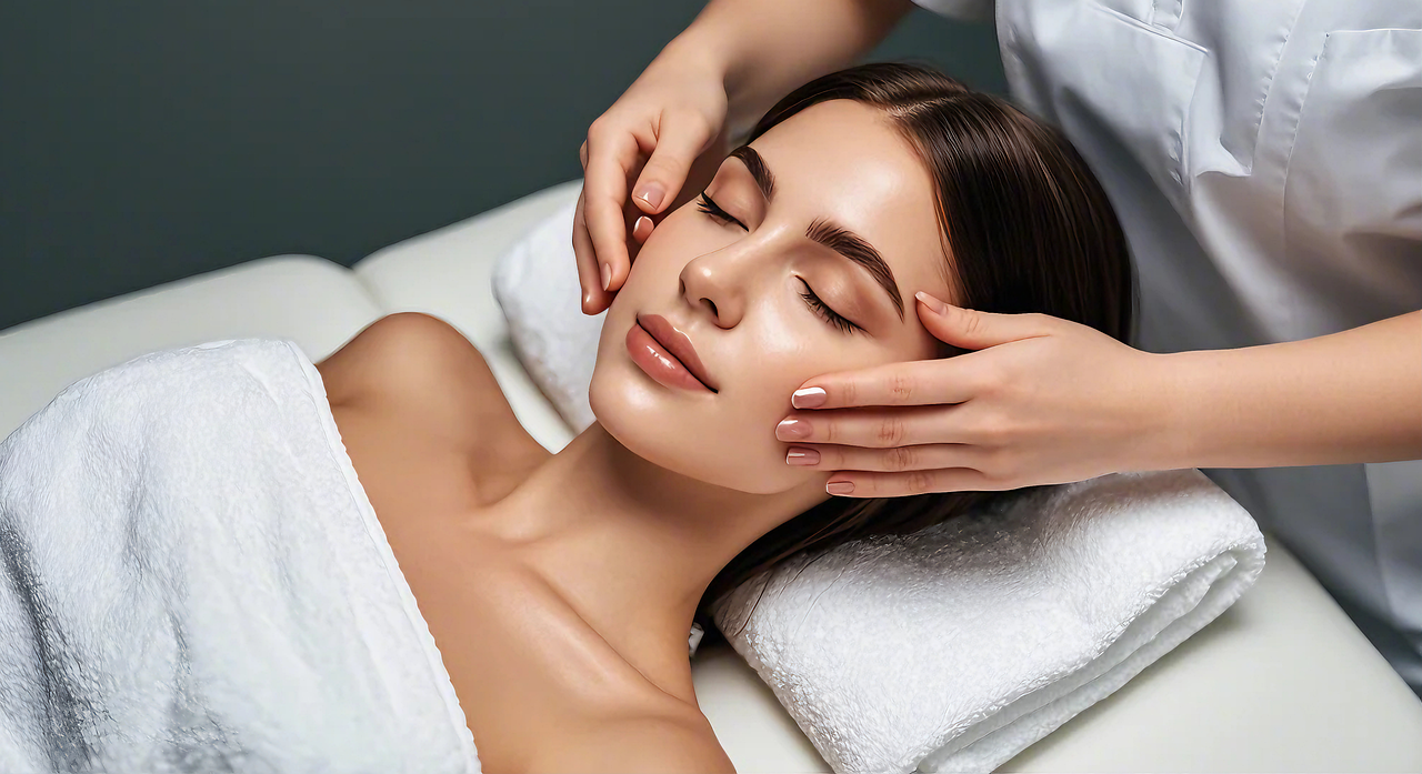Close-up of a spa therapist performing a synchronized facial and neck massage on a relaxed client