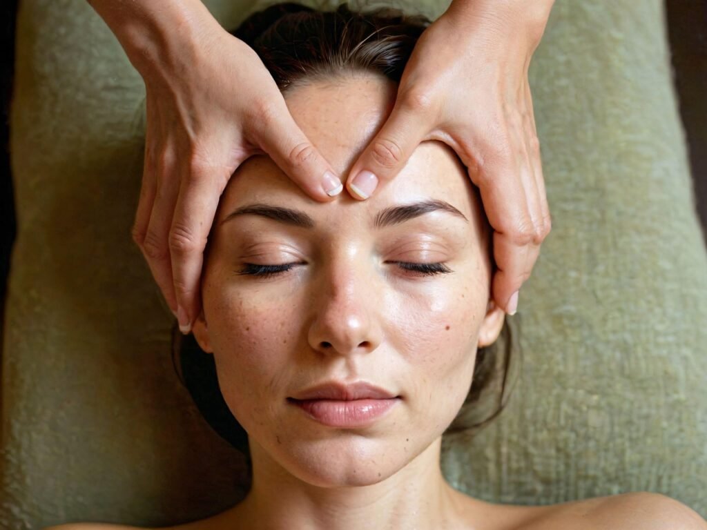 Close-up of therapist gently massaging cleanser into client’s skin during a deep clean facial
